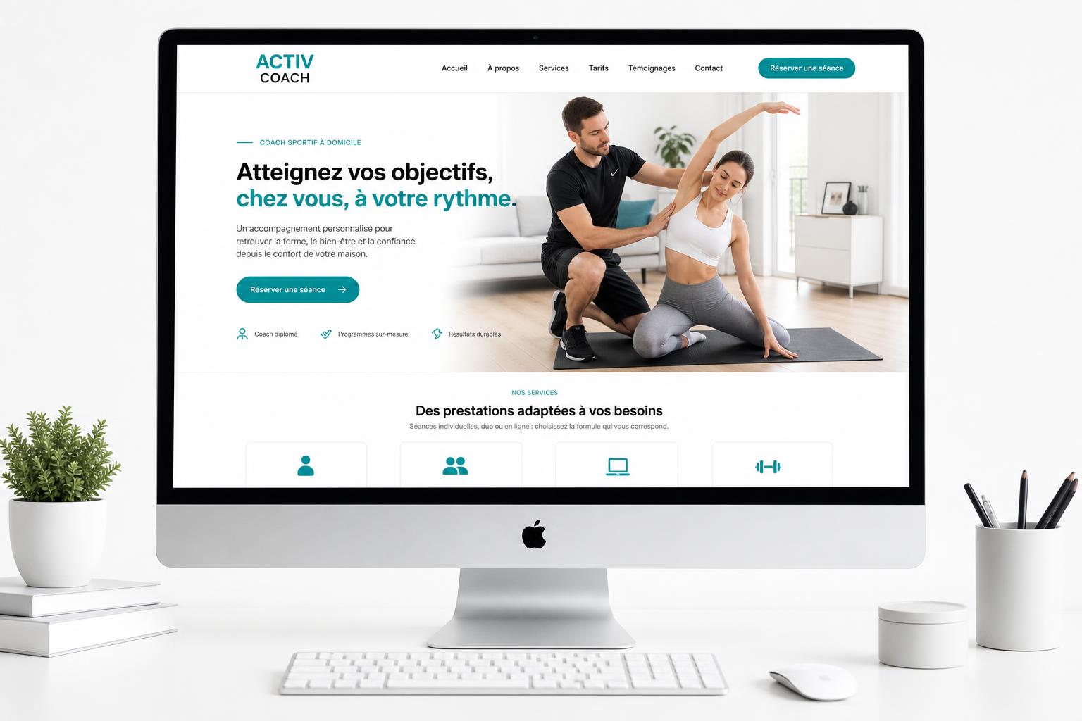 Site internet d'un coach sportif à domicile affiché sur iMac