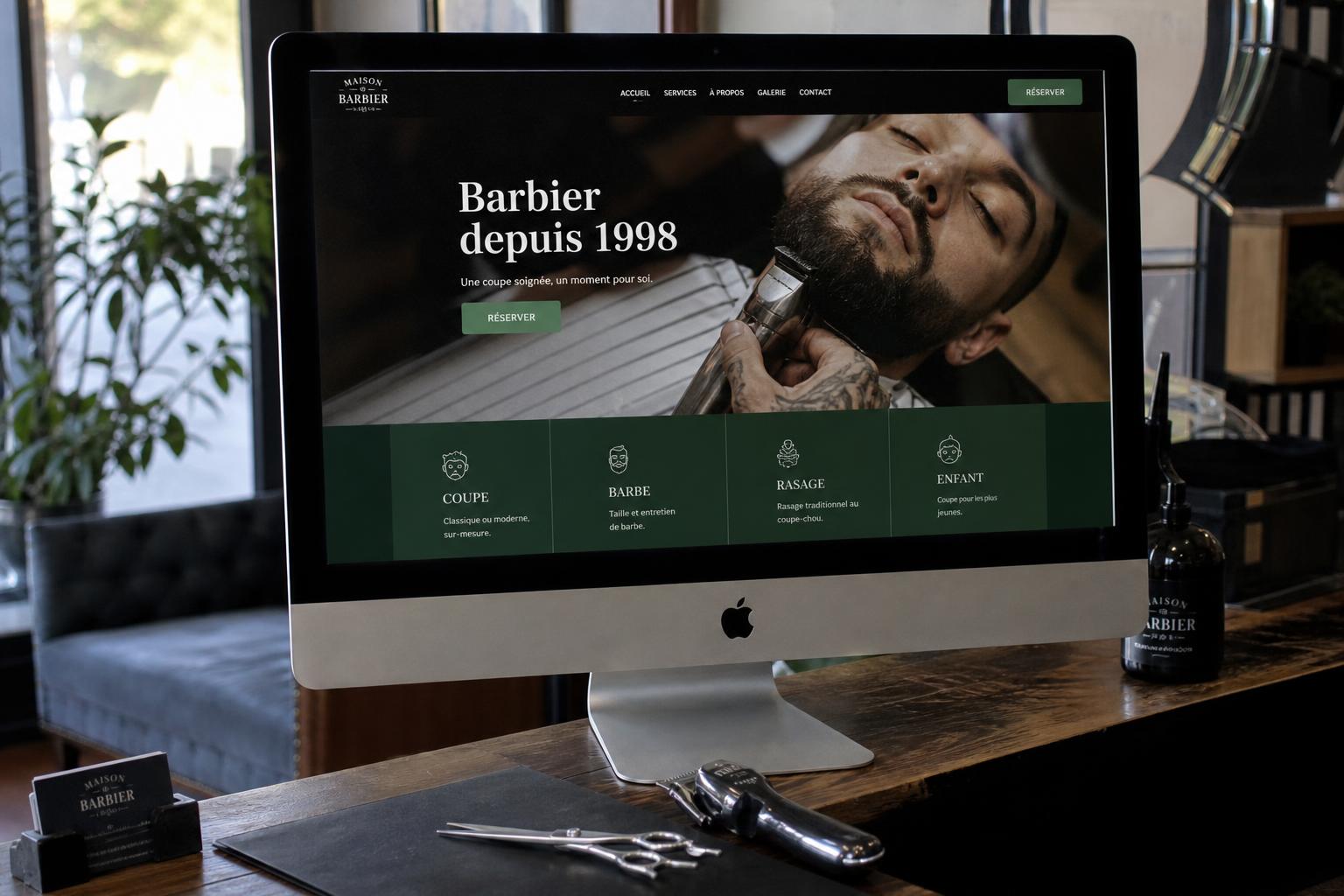 Site internet d'un salon de barbier affiché sur iMac