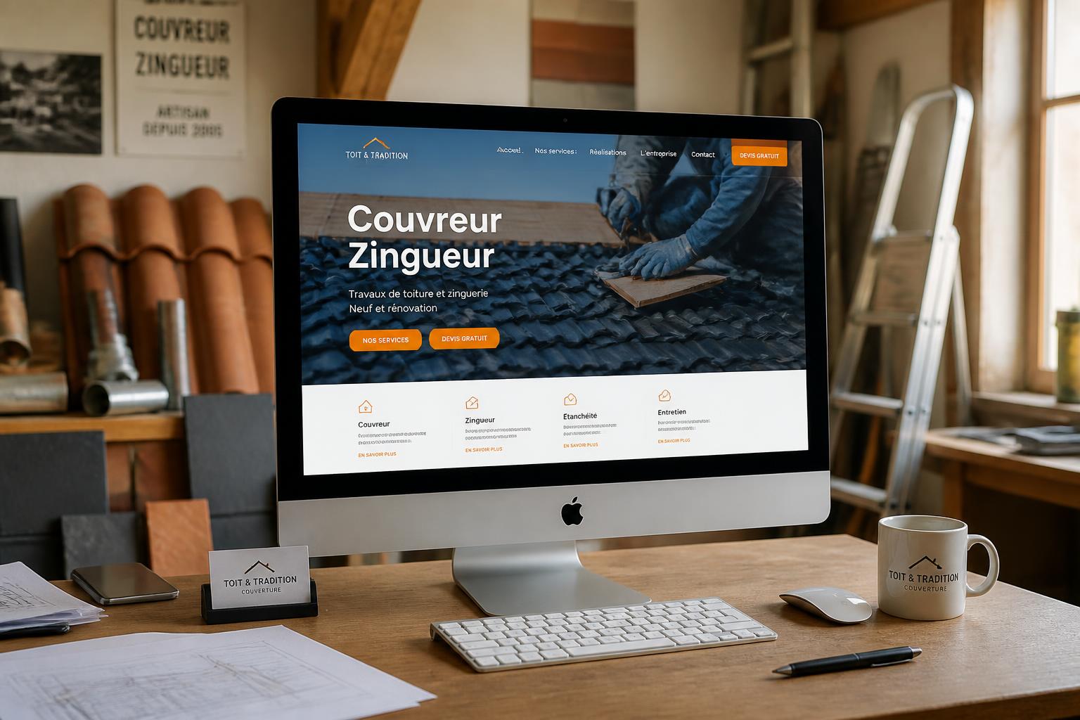 Site internet d'un couvreur artisan affiché sur iMac