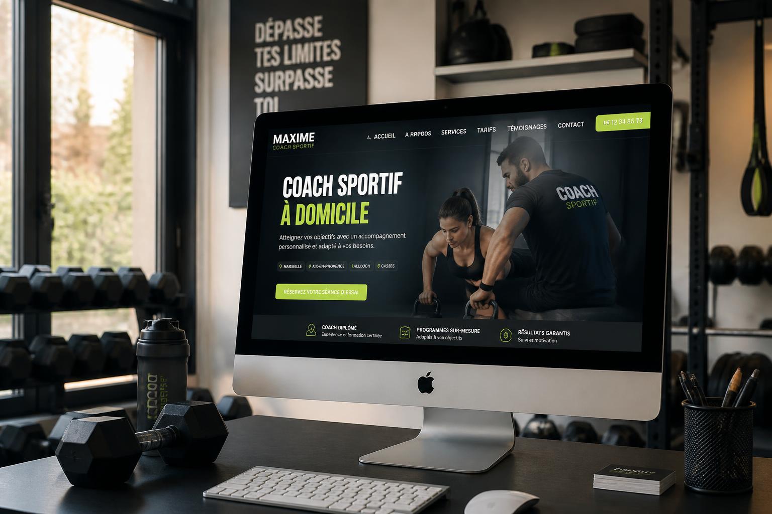 Site internet d'un coach sportif à domicile affiché sur iMac
